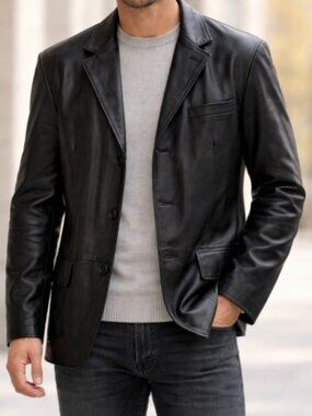 Jones New York City Black Genuine Leather 42S Blazer Leather Coat